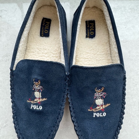 Polo Ralph Lauren Blue Suede Slippers With Polo Skiing Bear - Picture 4 of 7